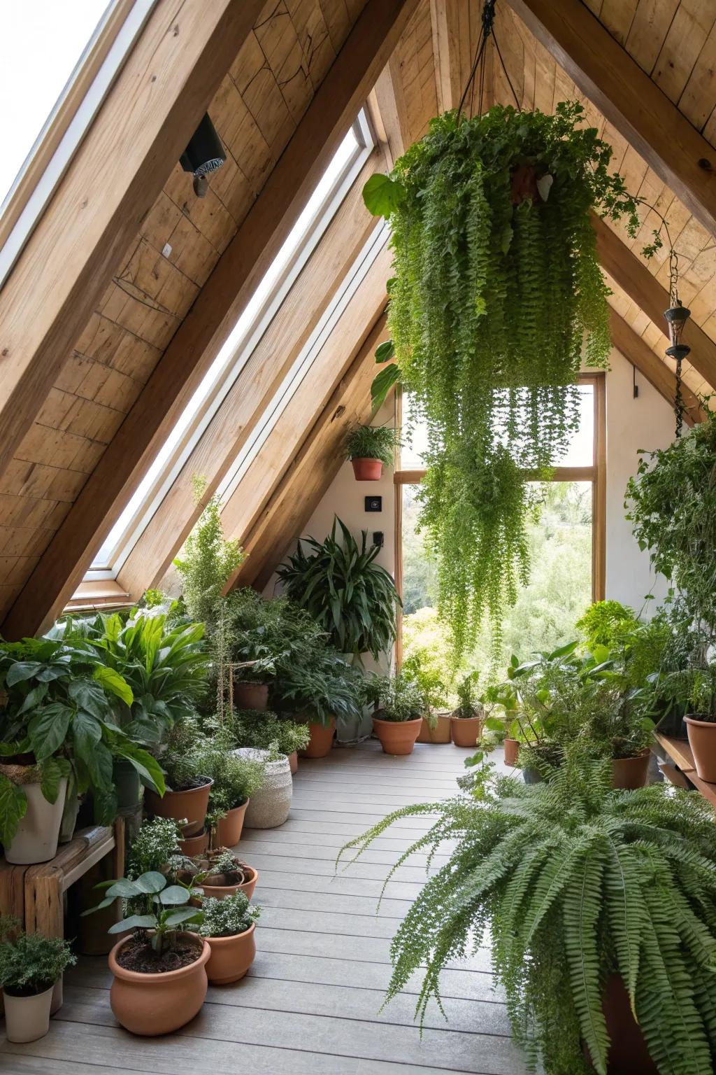 An indoor botanical oasis ushers the outdoors inside and animates your attic.