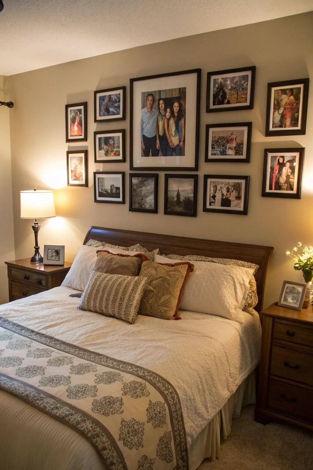 A personal photo gallery adds warmth above the bed.