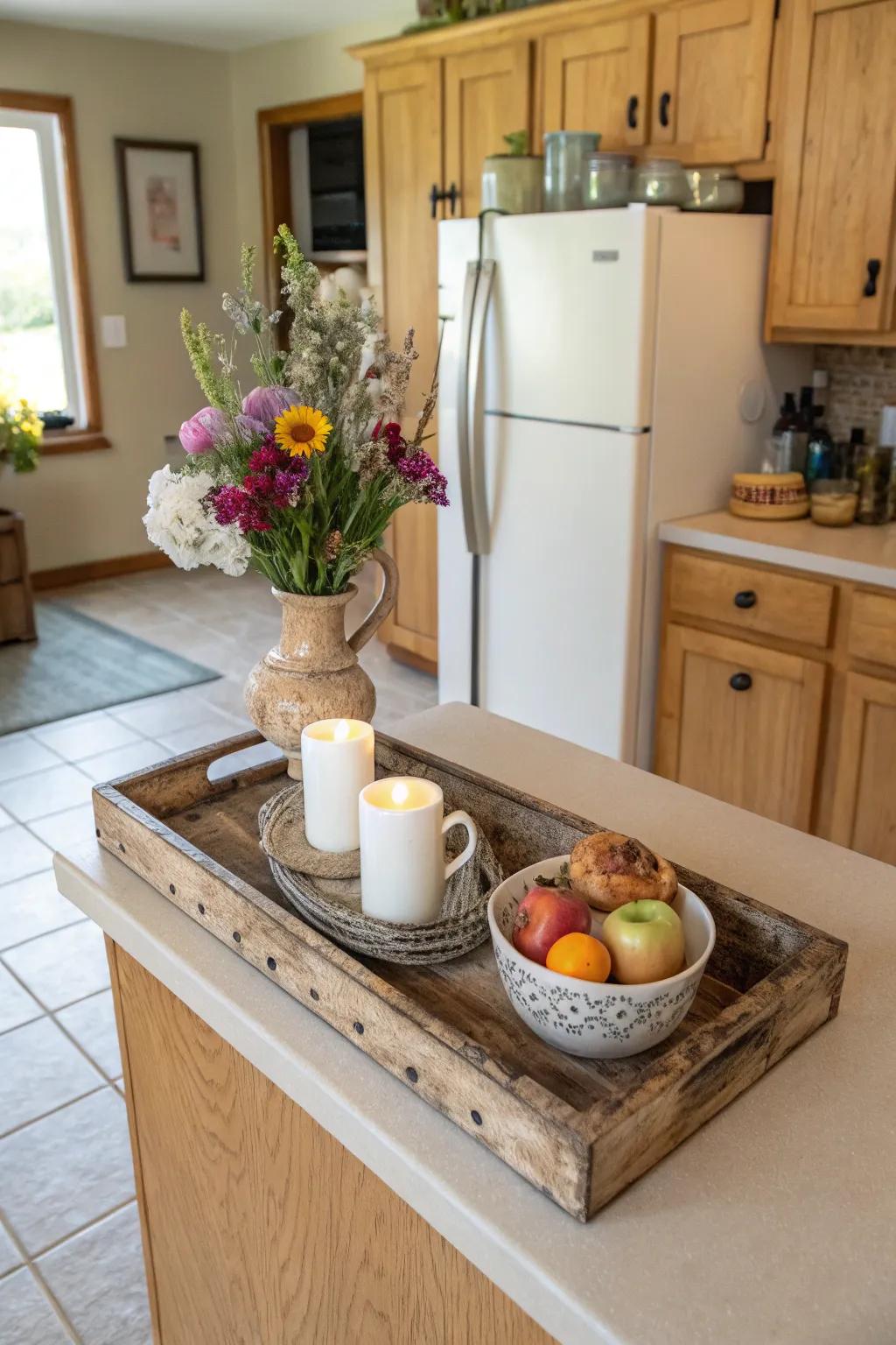 A wooden tray adds rustic charm and organization.