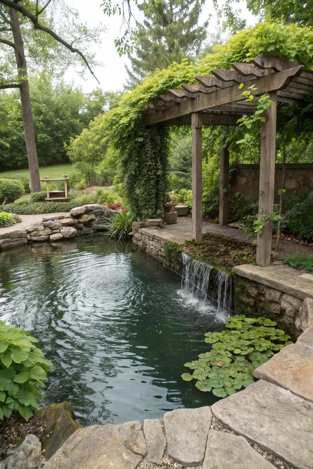 A pergola offers shade and design to this beautiful pond setting.