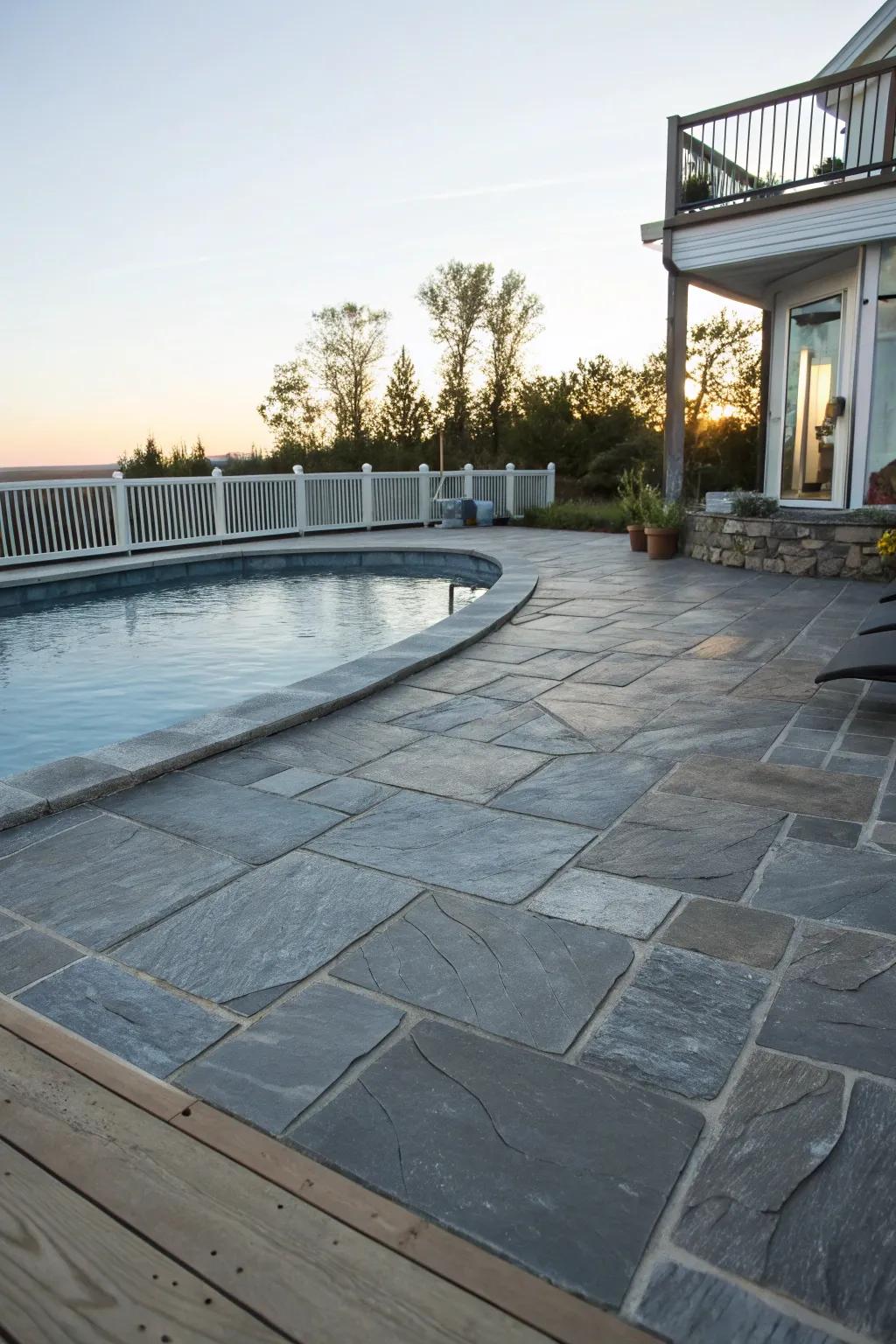 Stone surfaces impart elegance and resilience to pool decks.