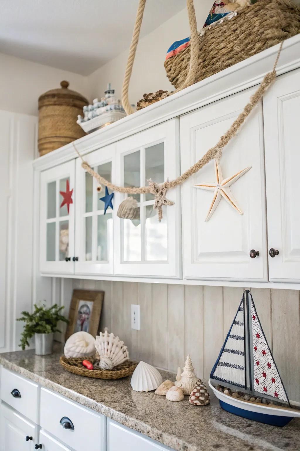 Craft a cohesive impression with themed décor above your cabinets.