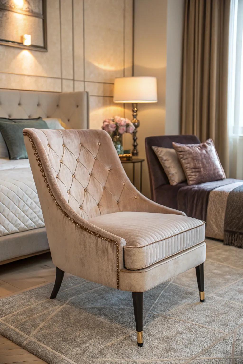 A velvet chair includes a touch of luxury to the bed room.