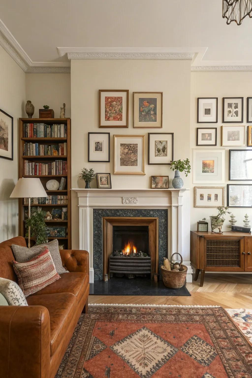A gallery wall transforms the fireplace area into a personal art display.