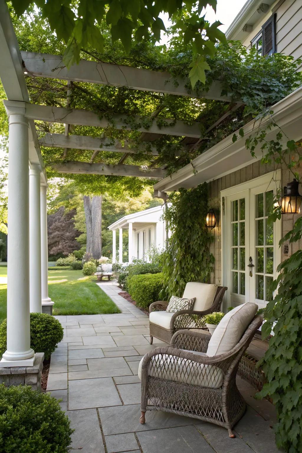 A sophisticated porch featuring a charming pergola.