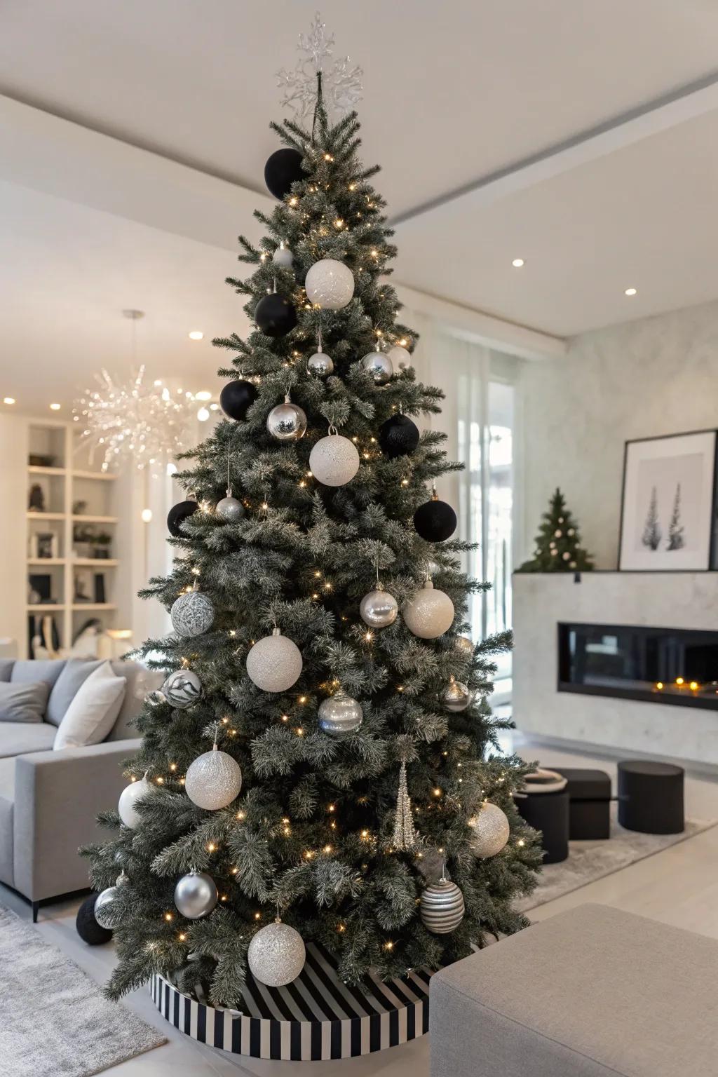 A sleek and contemporary monochrome-themed Christmas tree.