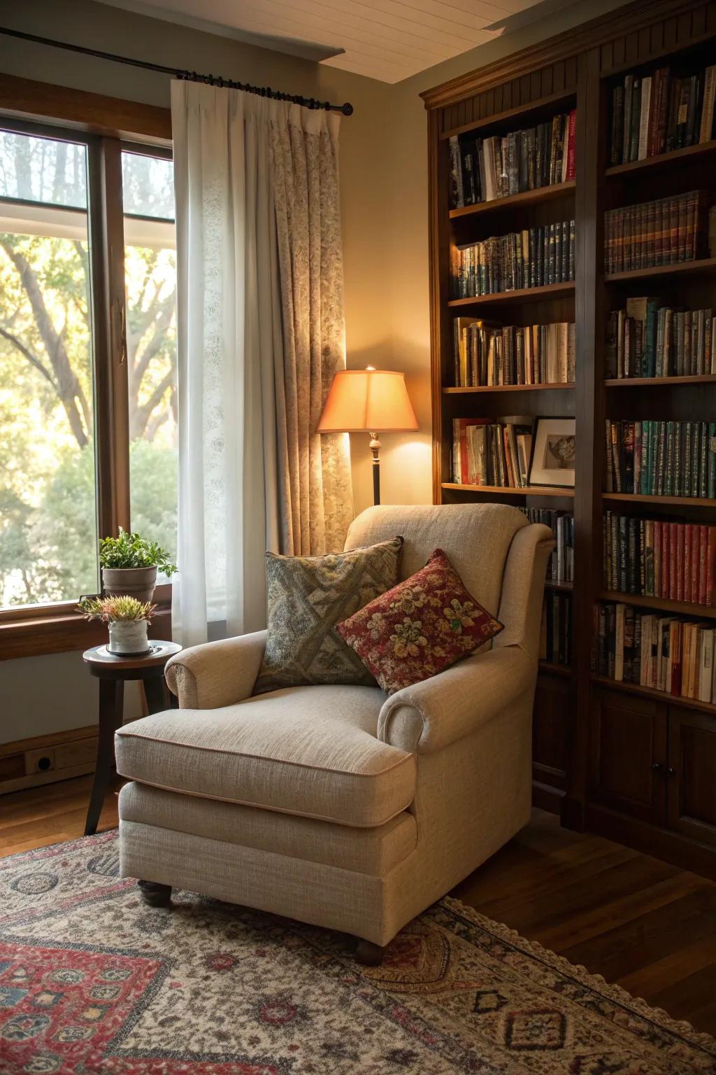 A cozy reading nook situated within the living area.