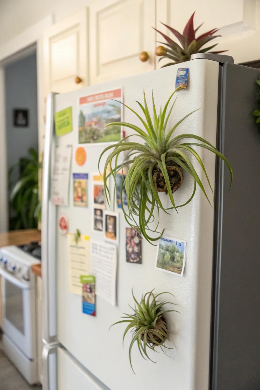 Air plants attached magnetically bring life to kitchen spaces.