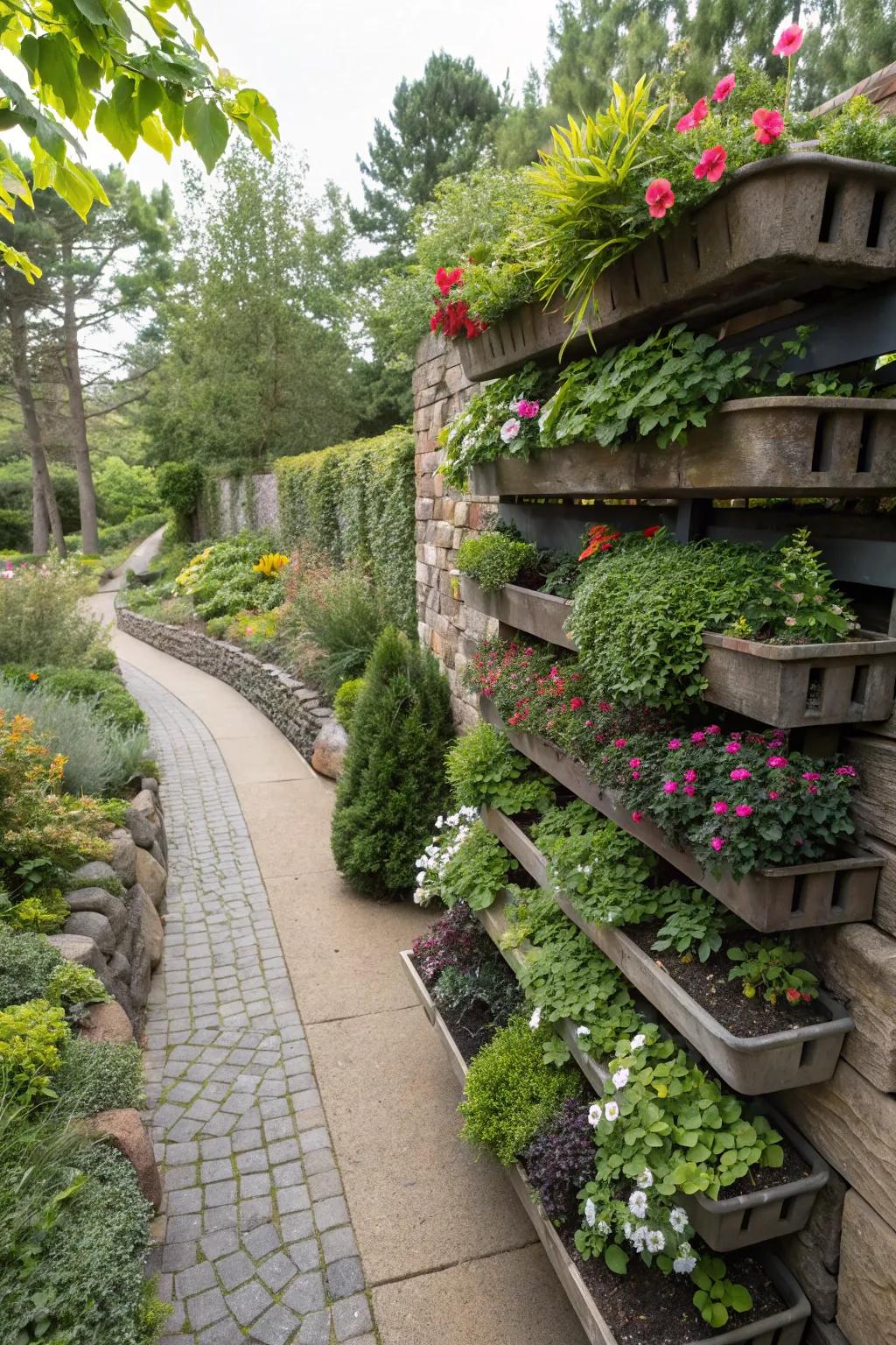 A striking living wall with upright mountain pots.