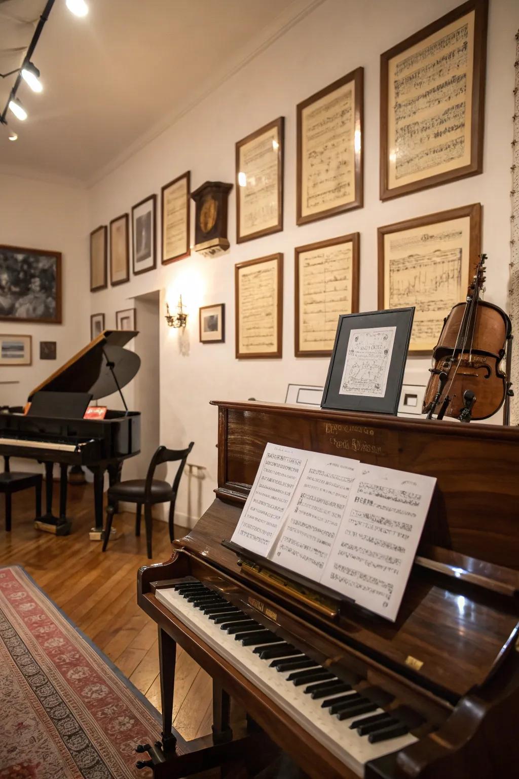 Framed sheet music adds literary and musical appeal.