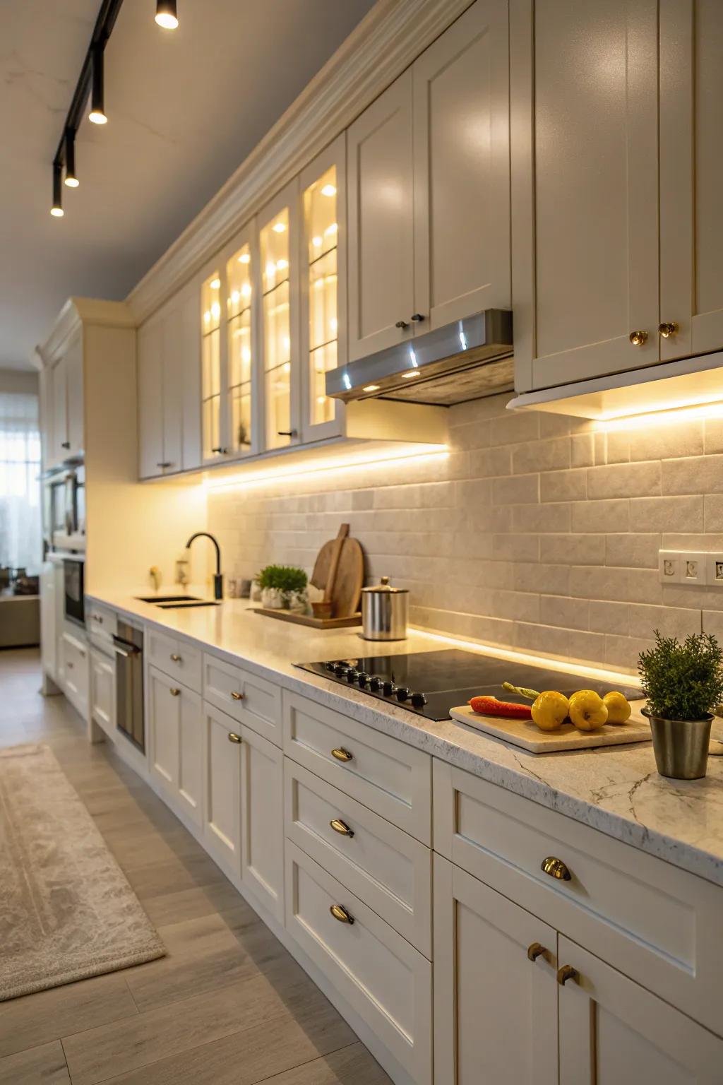 Undercabinet lighting enhances visibility and atmosphere.