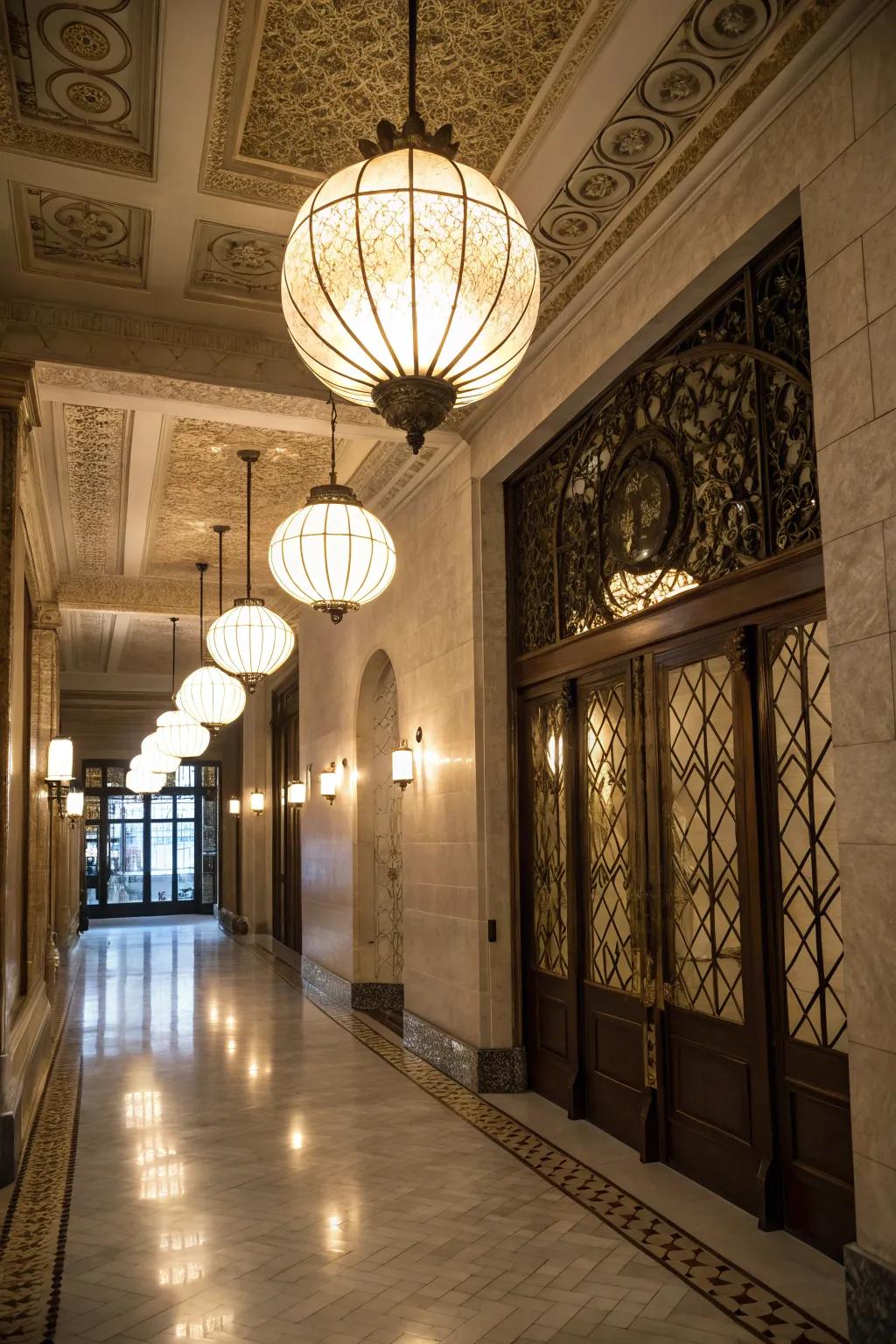 An entryway brought to life with elegant globe lights.
