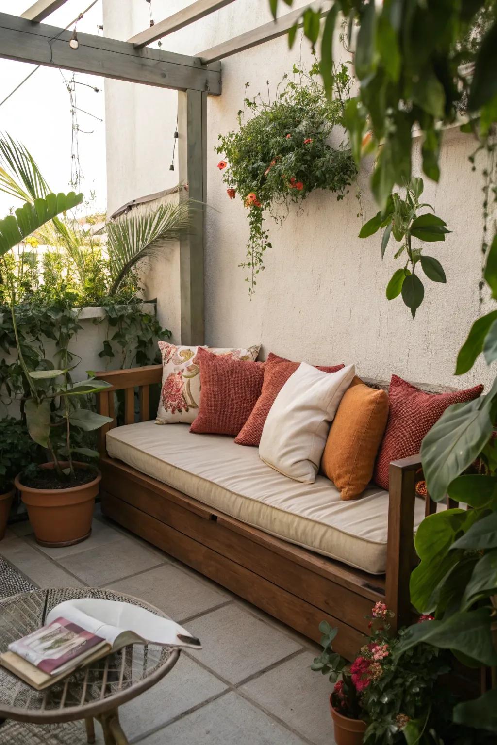 A corner bench creates a snug nook for relaxation.