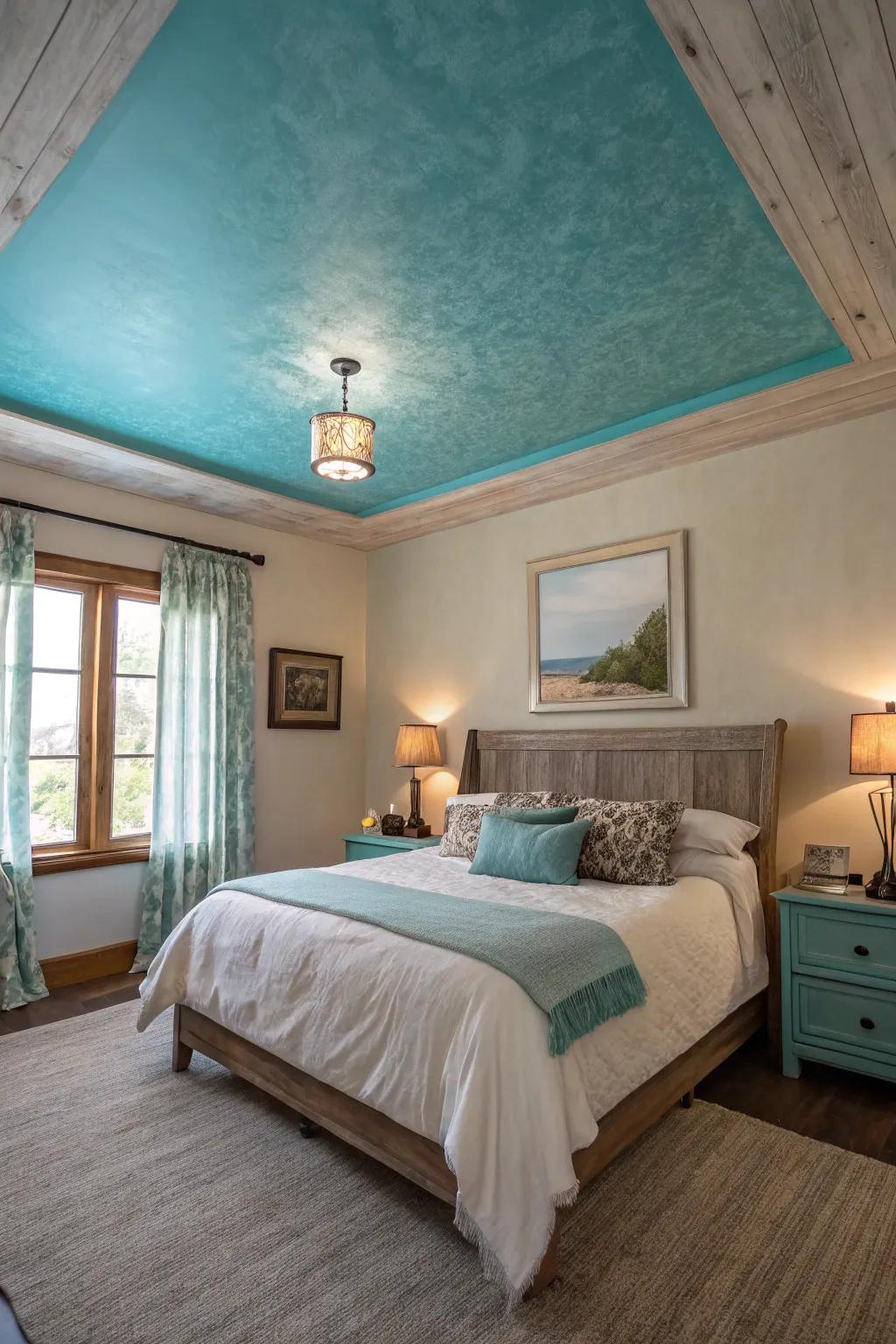 An ocean breeze blue ceiling designs a unique and calming focal point.