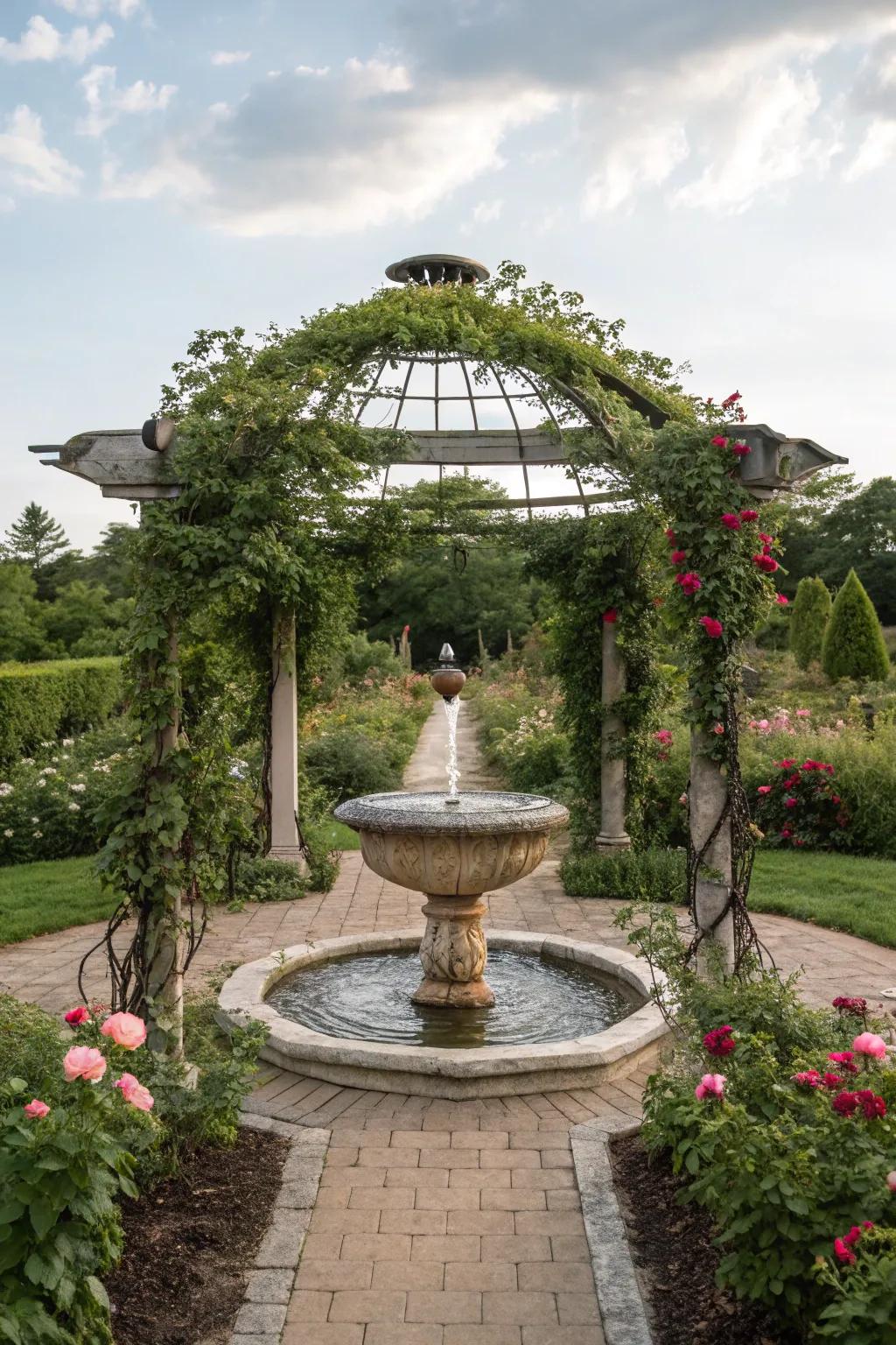 A peaceful arbor showcasing a tranquil water feature nearby.