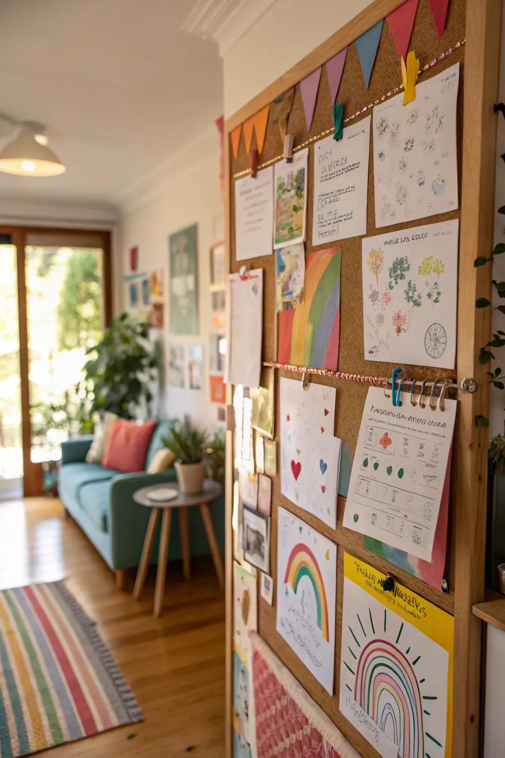 A bulletin board featuring DIY art challenges and creative prompts.