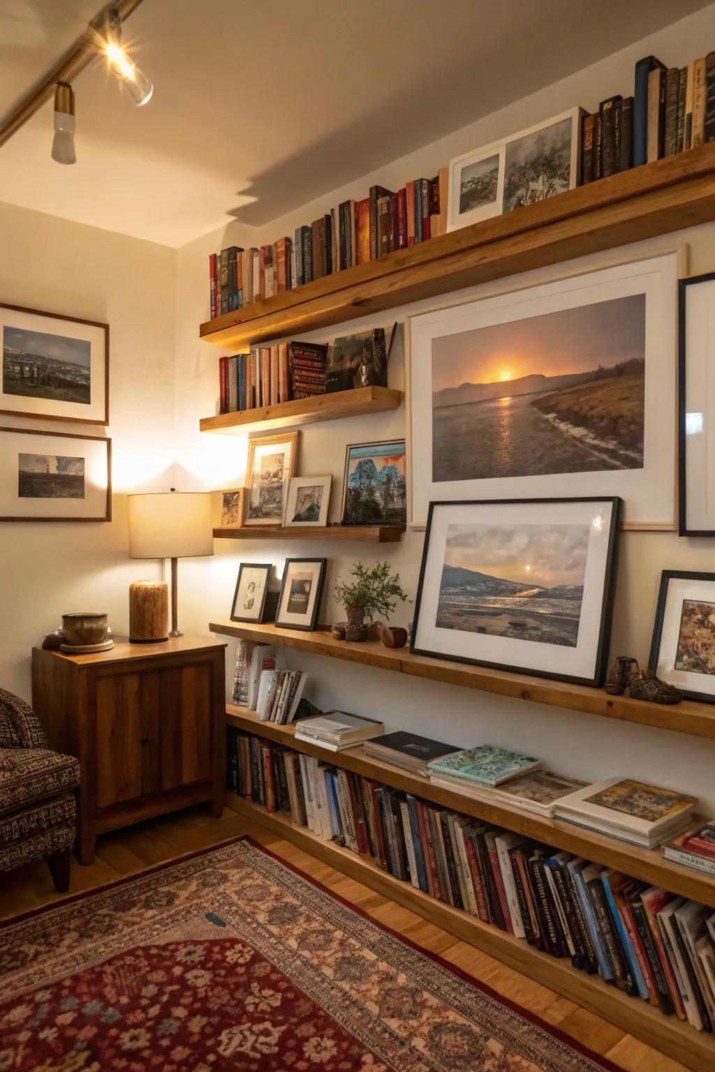 Overlaid art prints on photo ledges for a dynamic presentation.