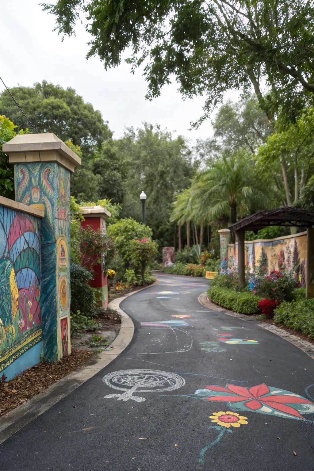 Art installations turn asphalt into a vibrant canvas.