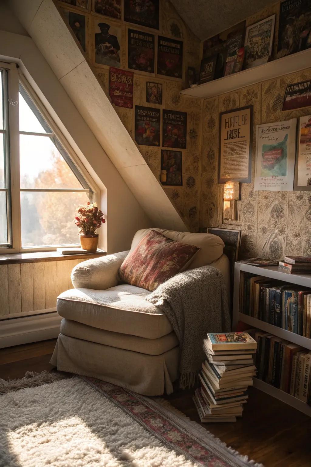 A reading nook by the window offers a perfect escape in your attic bedroom.