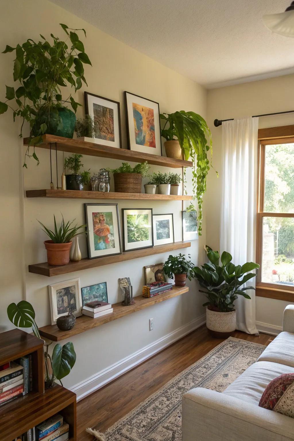 Floating shelves are a stylish way to maximize space.