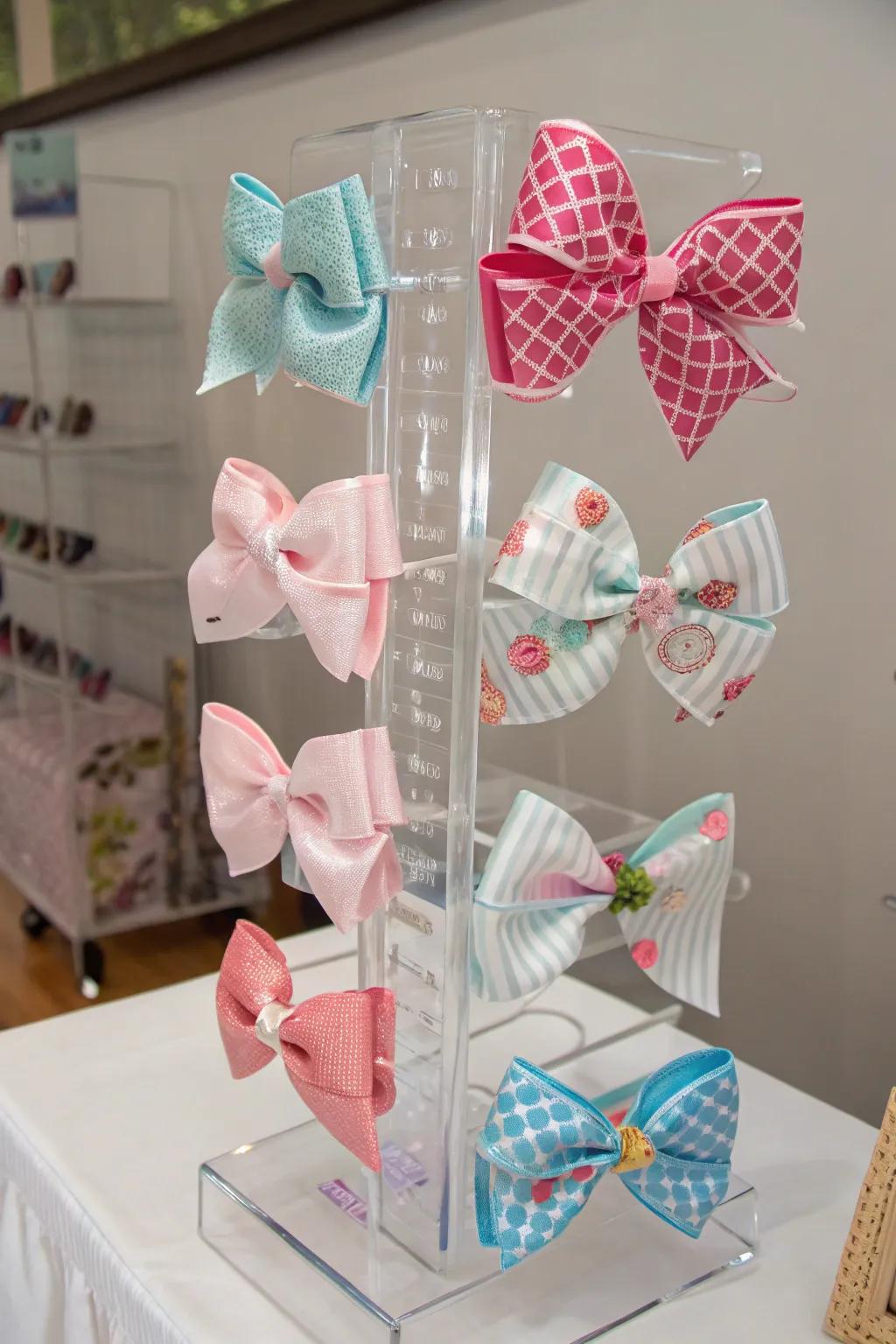 Clear acrylic display that is sleek and contemporary for baby bows.