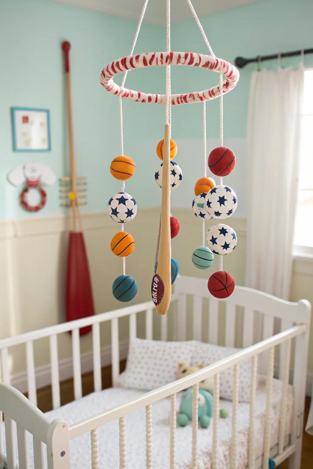 A sports mobile offers visual interest and gentle motion over the crib.