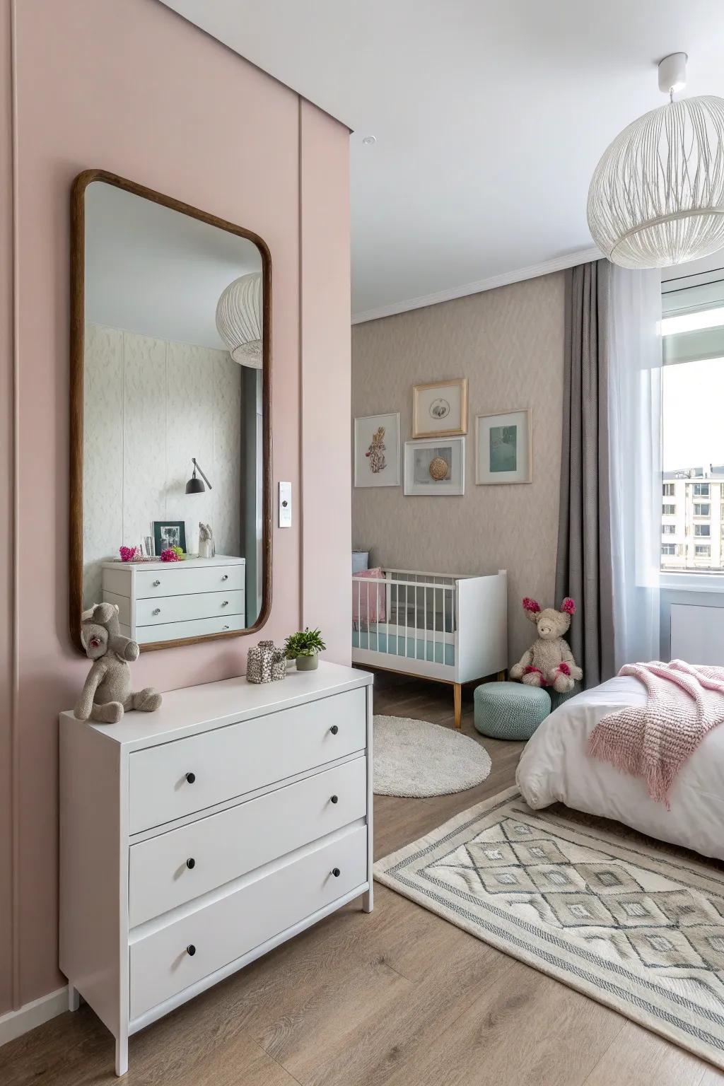 In a small nursery area, mirrors can enhance the impression of space and light.