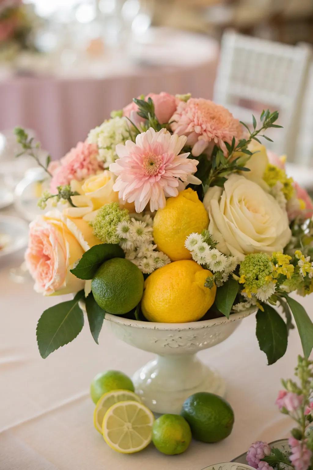 A vibrant centerpiece incorporating flowers and fresh fruits