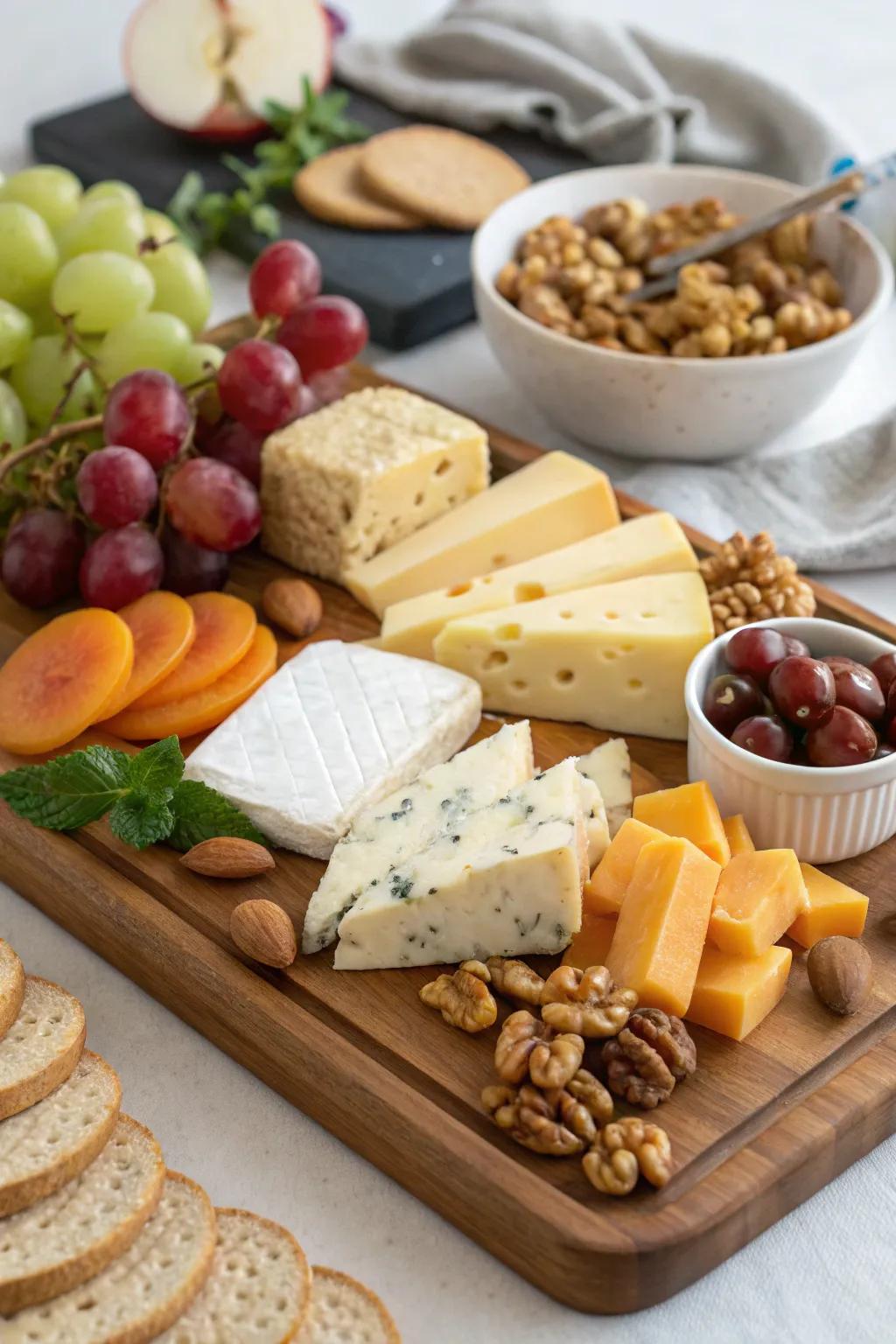 An elegant cheese arrangement featuring a selection of cheeses, nuts, and fruits.