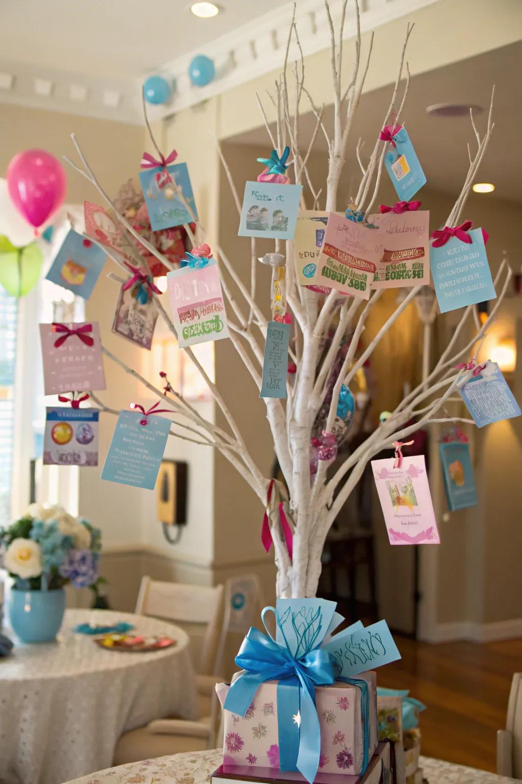 A monetary favor tree laden with assorted cards.