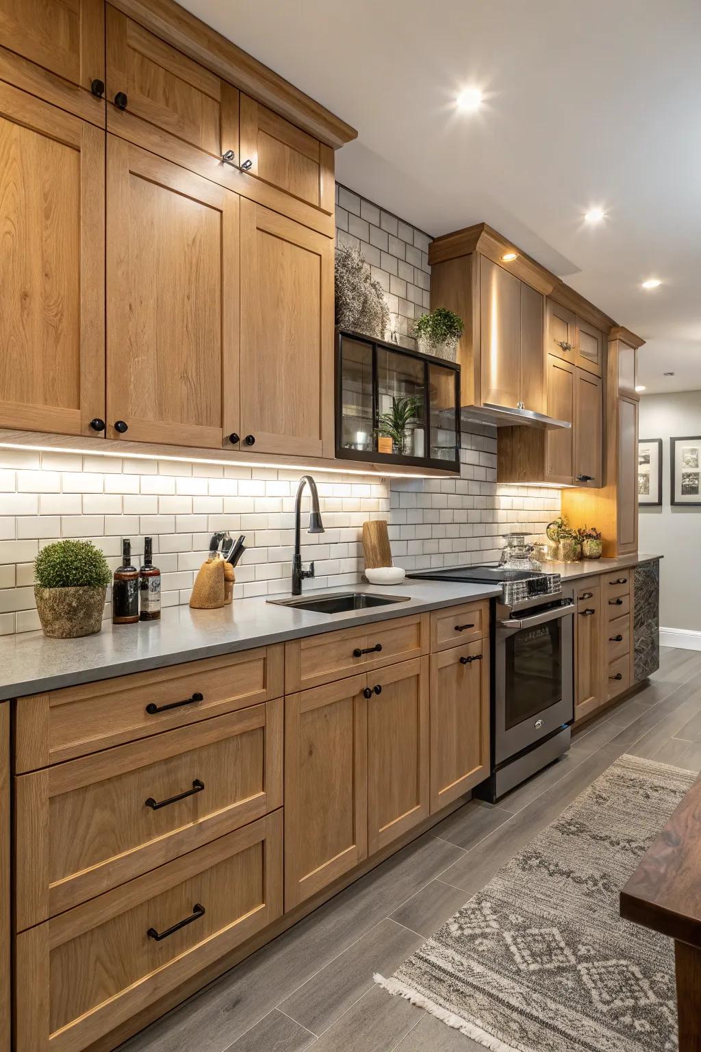 Factory-style panels add an edgy compare to maple cabinets.