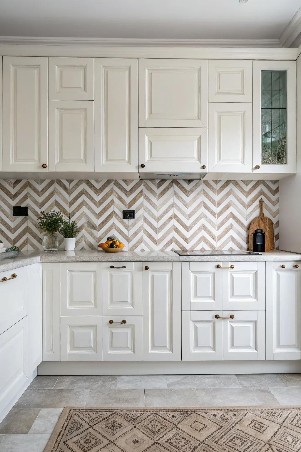 Chevron patterns add dynamic energy to this white kitchen.