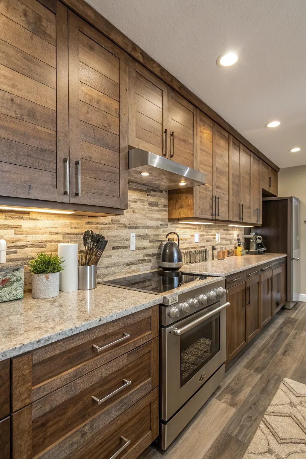 Wood-look tiles add rustic warmth to fantasy brown granite.