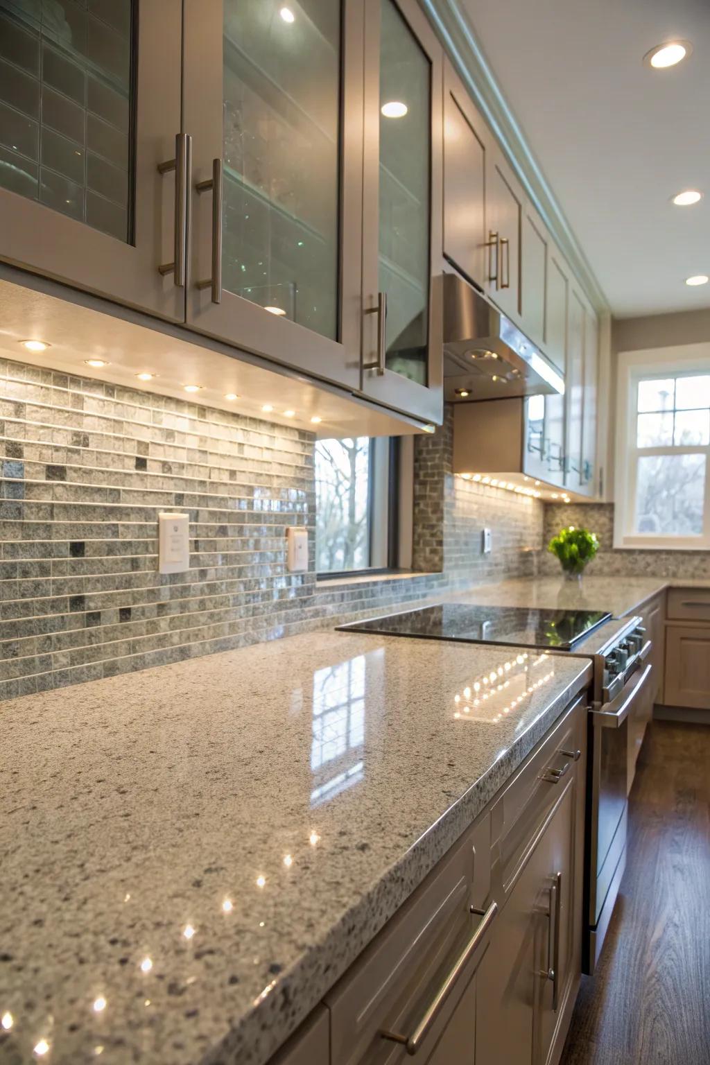 Granite countertops are given a sleek, contemporary touch by glass tiles.