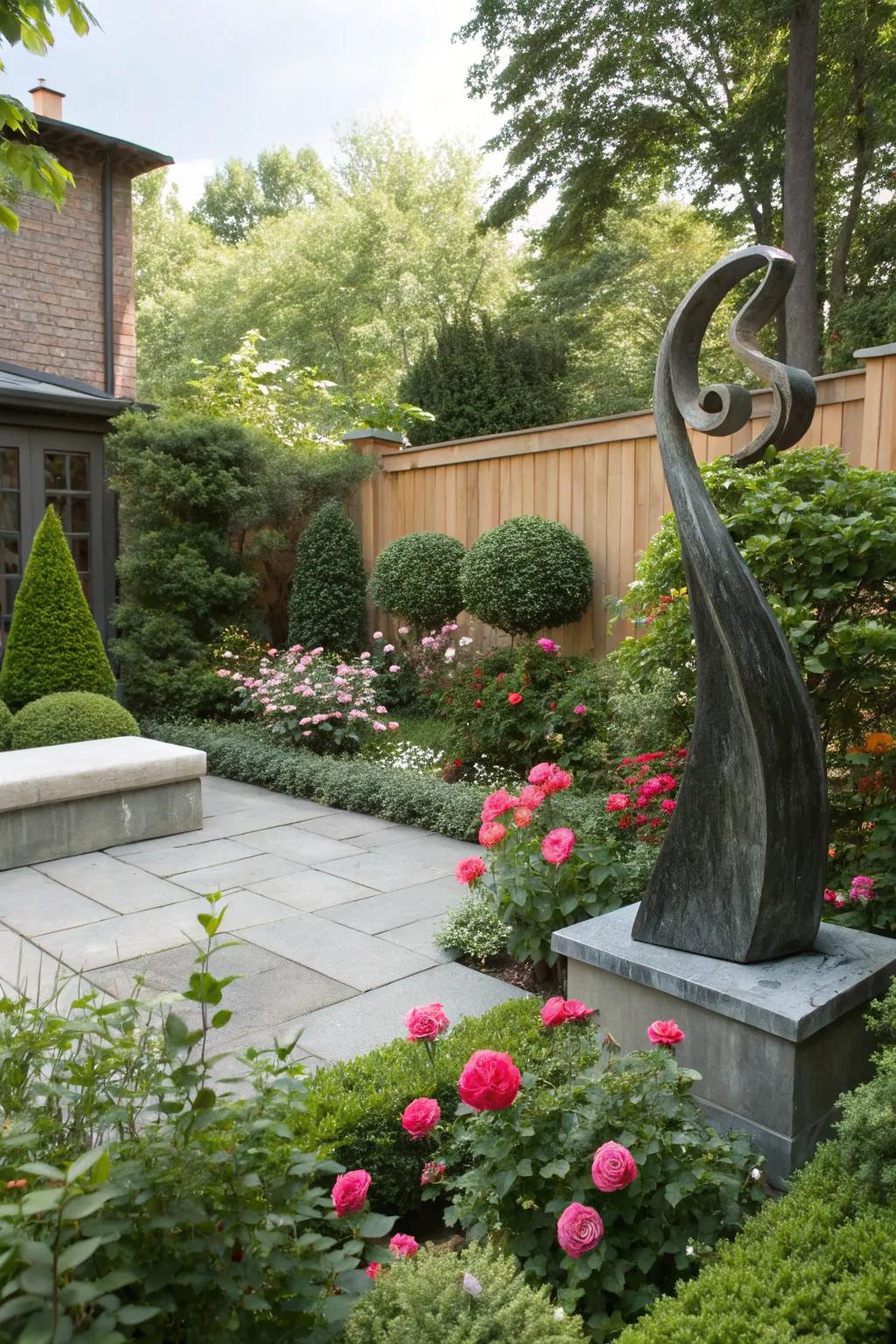 A sculpture can be a striking focal element in the garden.