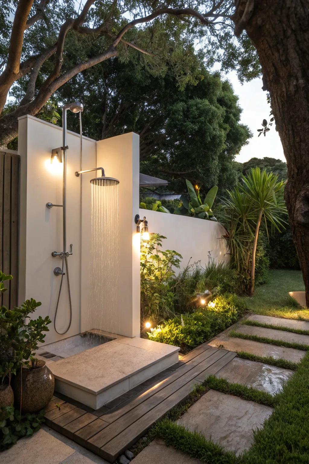 An outdoor rinse station amplifies a touch of grandeur to your garden.