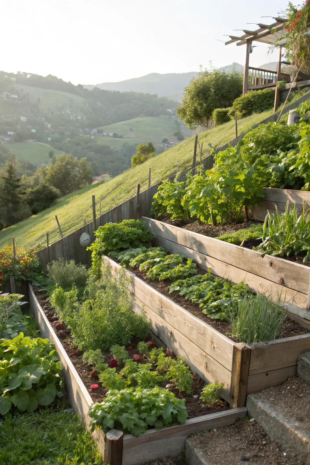 Layered vegetable gardens take full advantage of a slope for maximum yield.