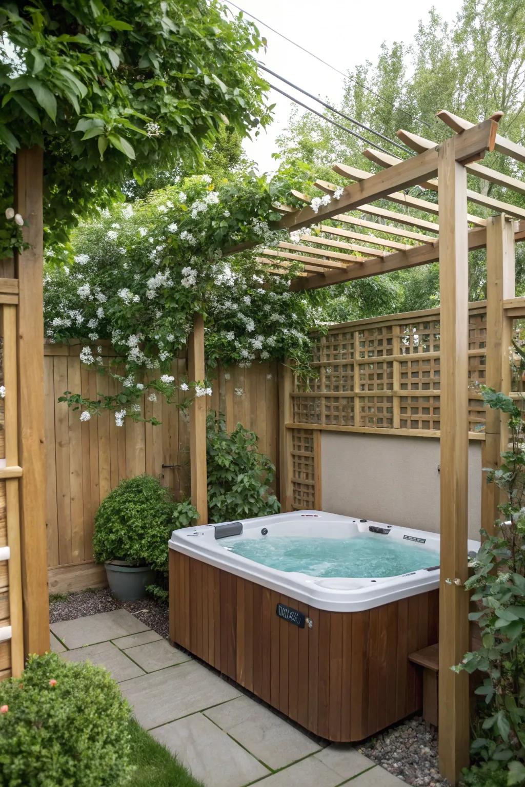 Frames with scaling plants create a fragrant and private hot tub oasis.