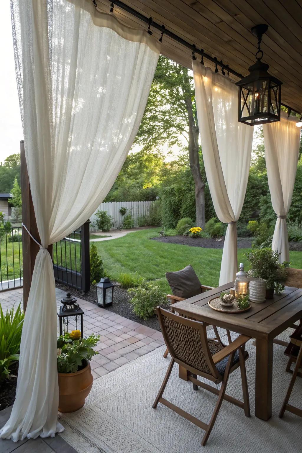 Outdoor curtains provide privacy and a touch of elegance.