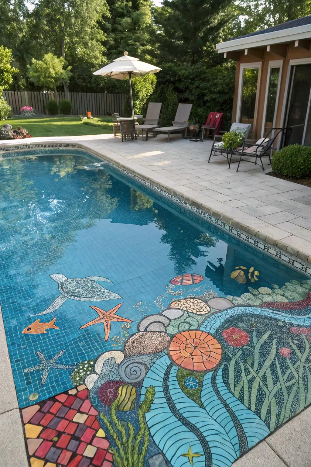 A pool featuring captivating underwater artwork.