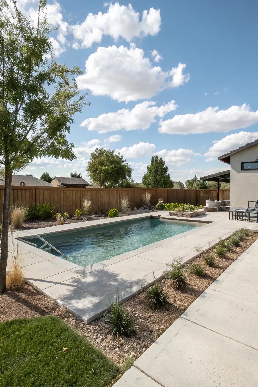 A custom-designed do-it-yourself solid pool within a backyard setting.