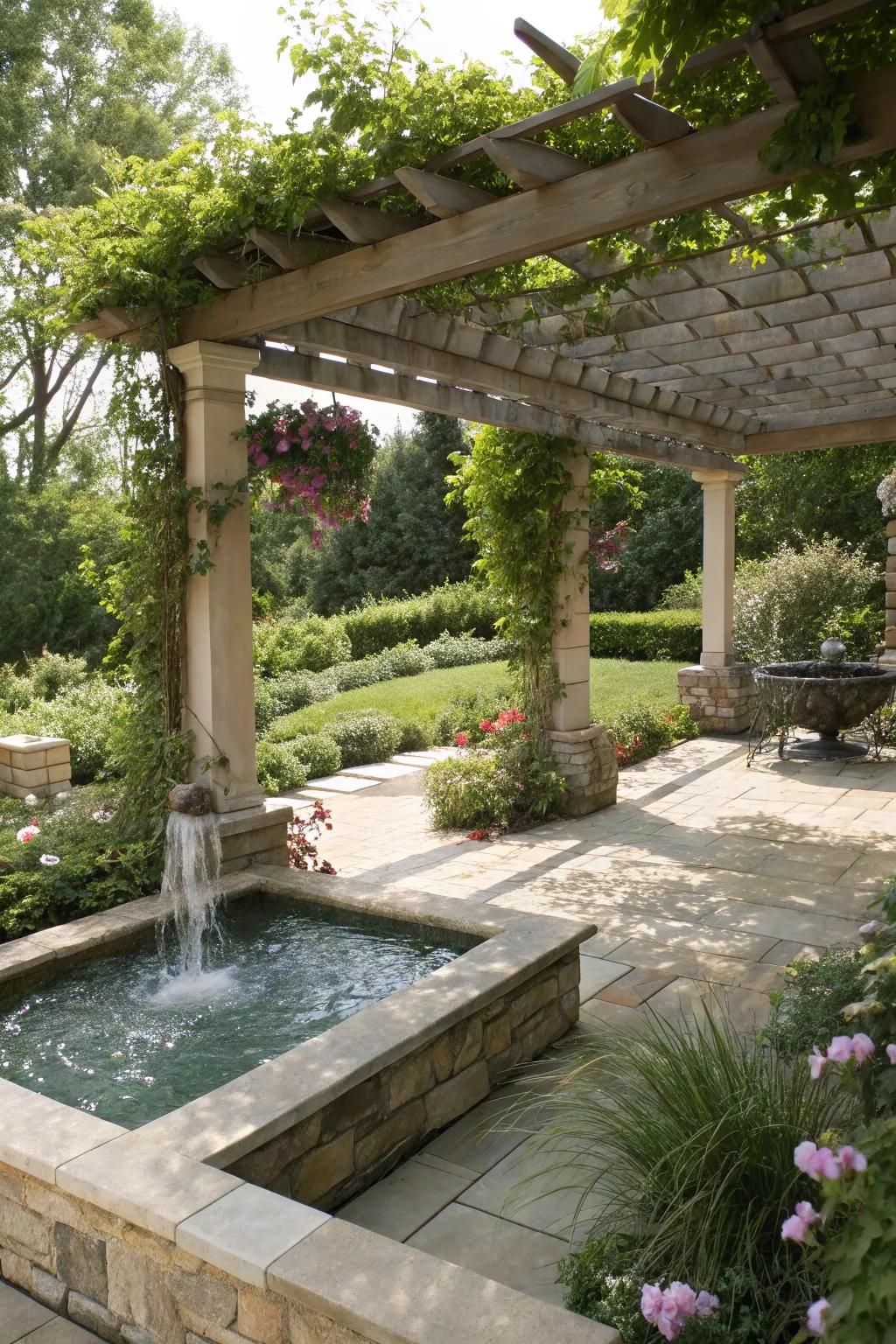Aquatic features contribute a calming element to pergola spaces.
