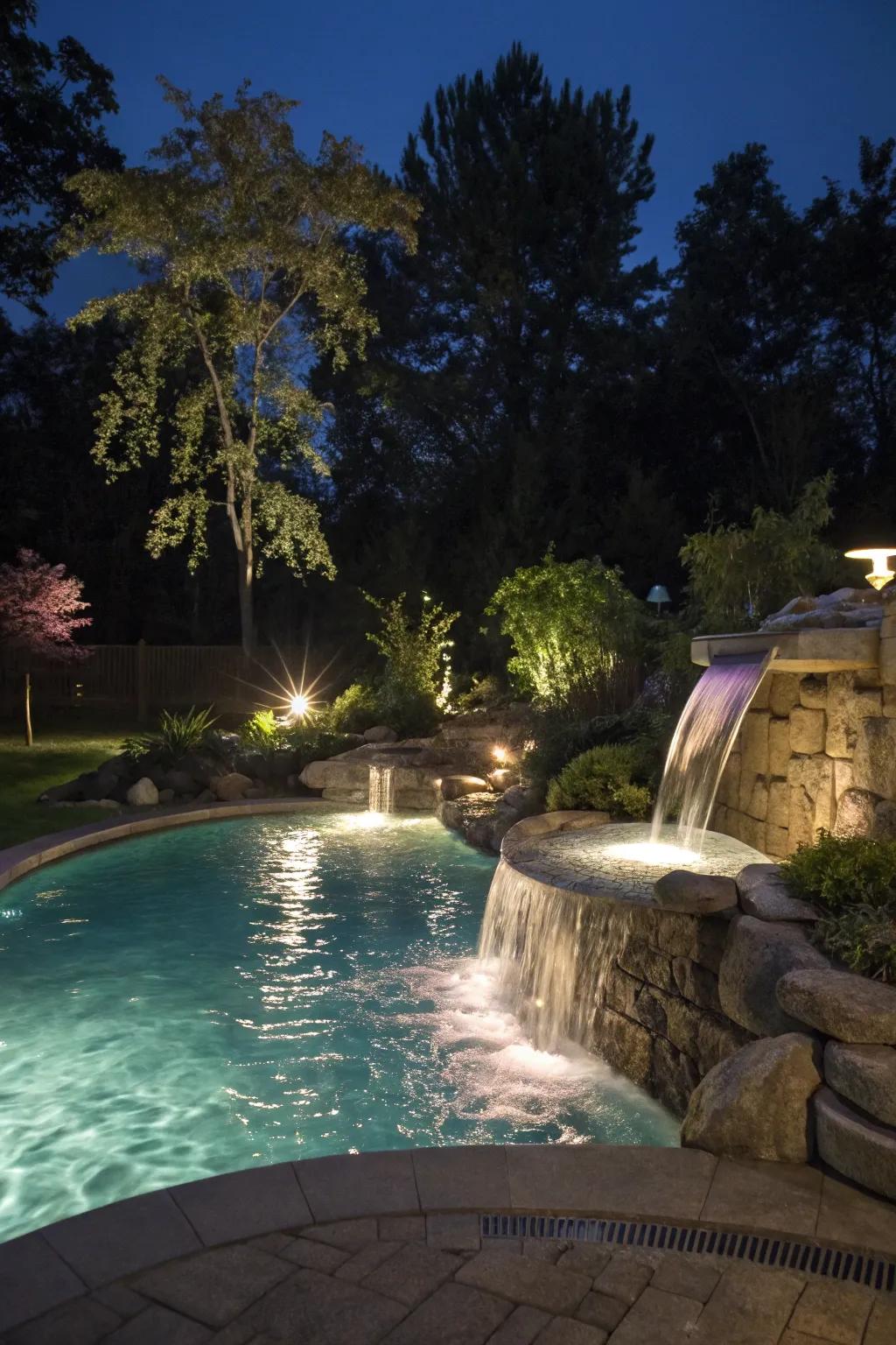 Diode illumination transforms your cascade into a nocturnal spectacle.