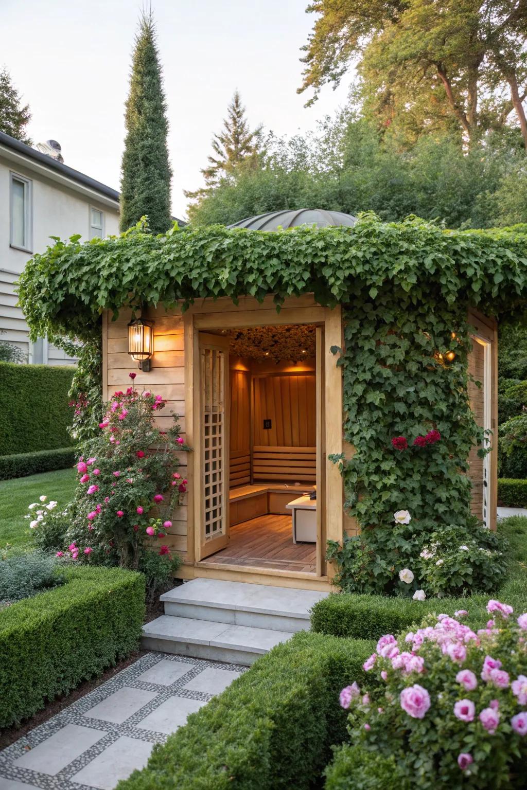 A garden sauna with a charming shaded frame.