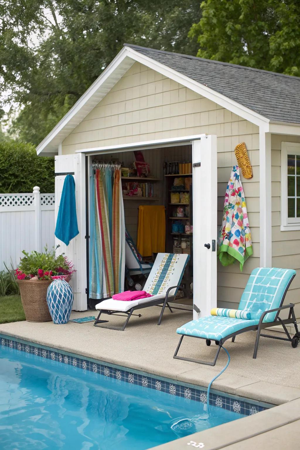 A shed turned into a functional pool house with summer essentials.