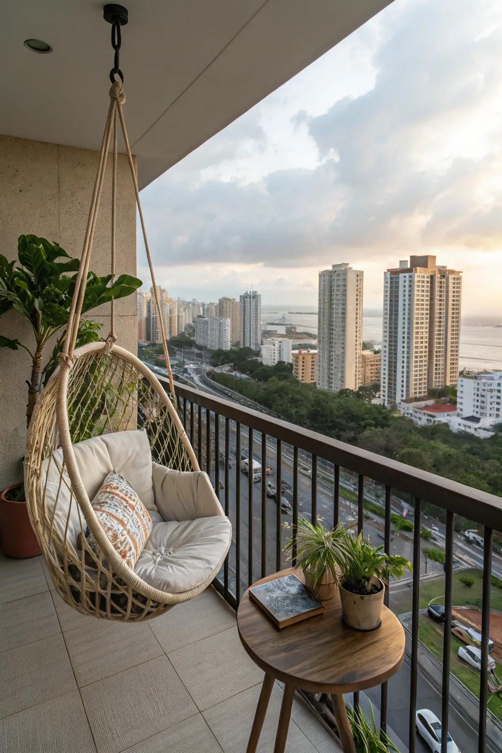 A suspended seat provides a unique and playful seating option.
