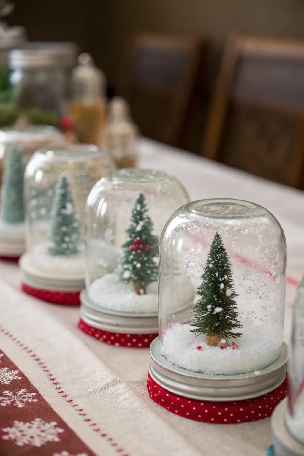 Holiday snow globes created from ball jars add festive charm.