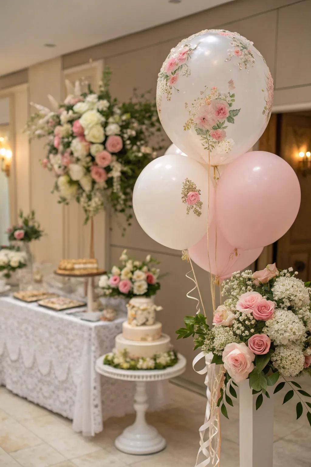 Balloons with bloom details fashion a fresh and elegant aesthetic.