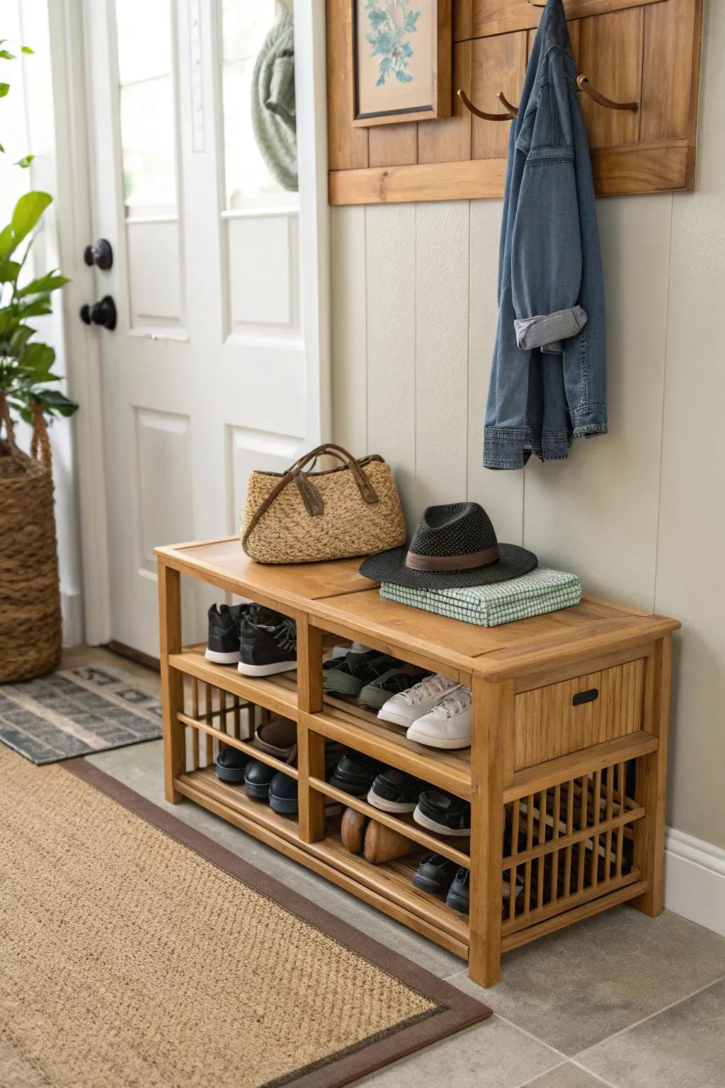 A bamboo stow bench placed in an entryway