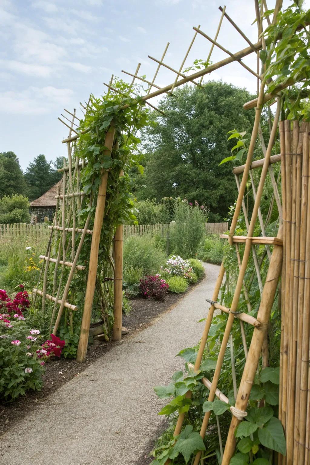 Reed espaliers offer natural support for climbing plants.
